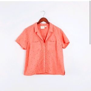 Anthropologie Maeve Guayabera salmon eyelet embroidered blouse